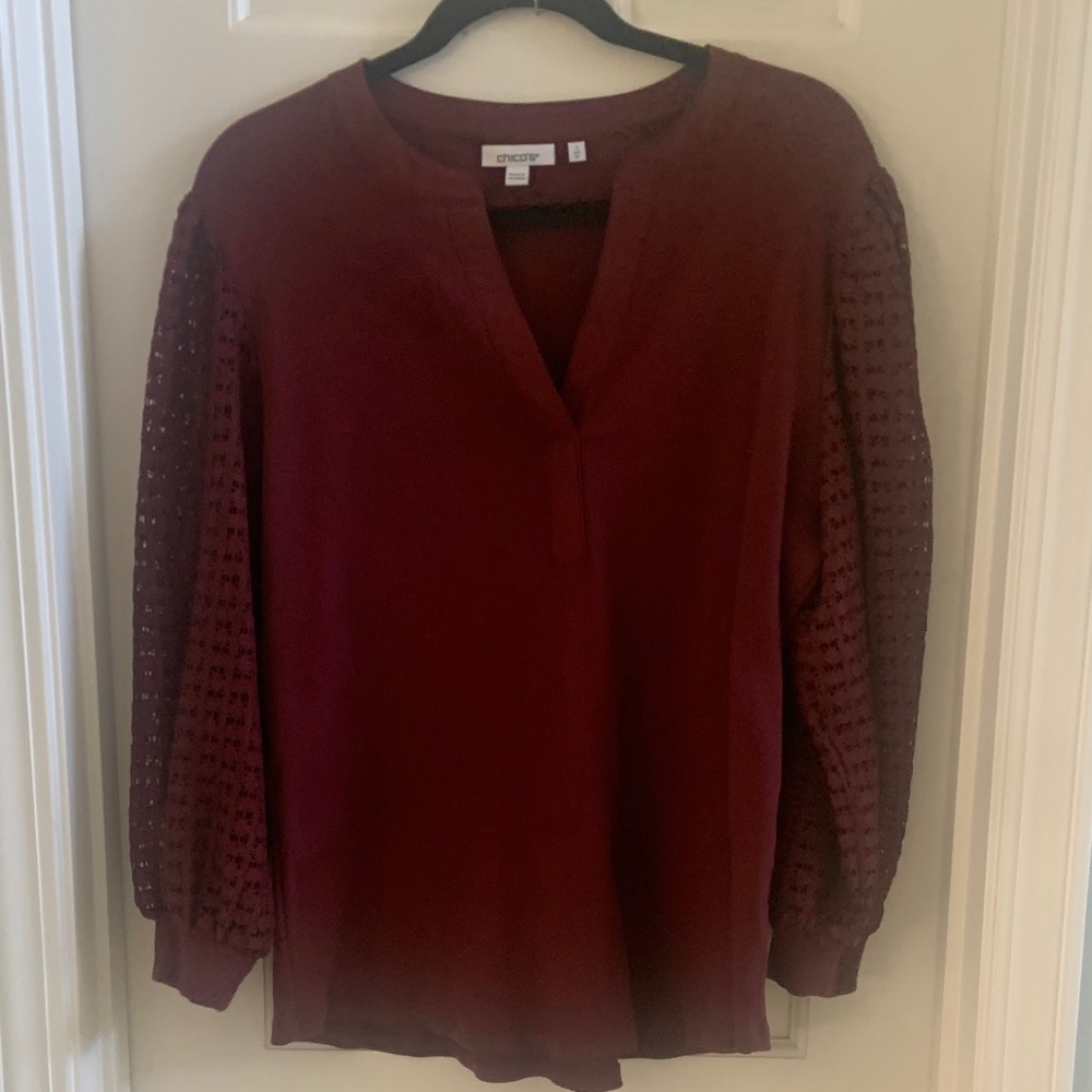 Chico's Deep Red Blouse with Textured Sleeves